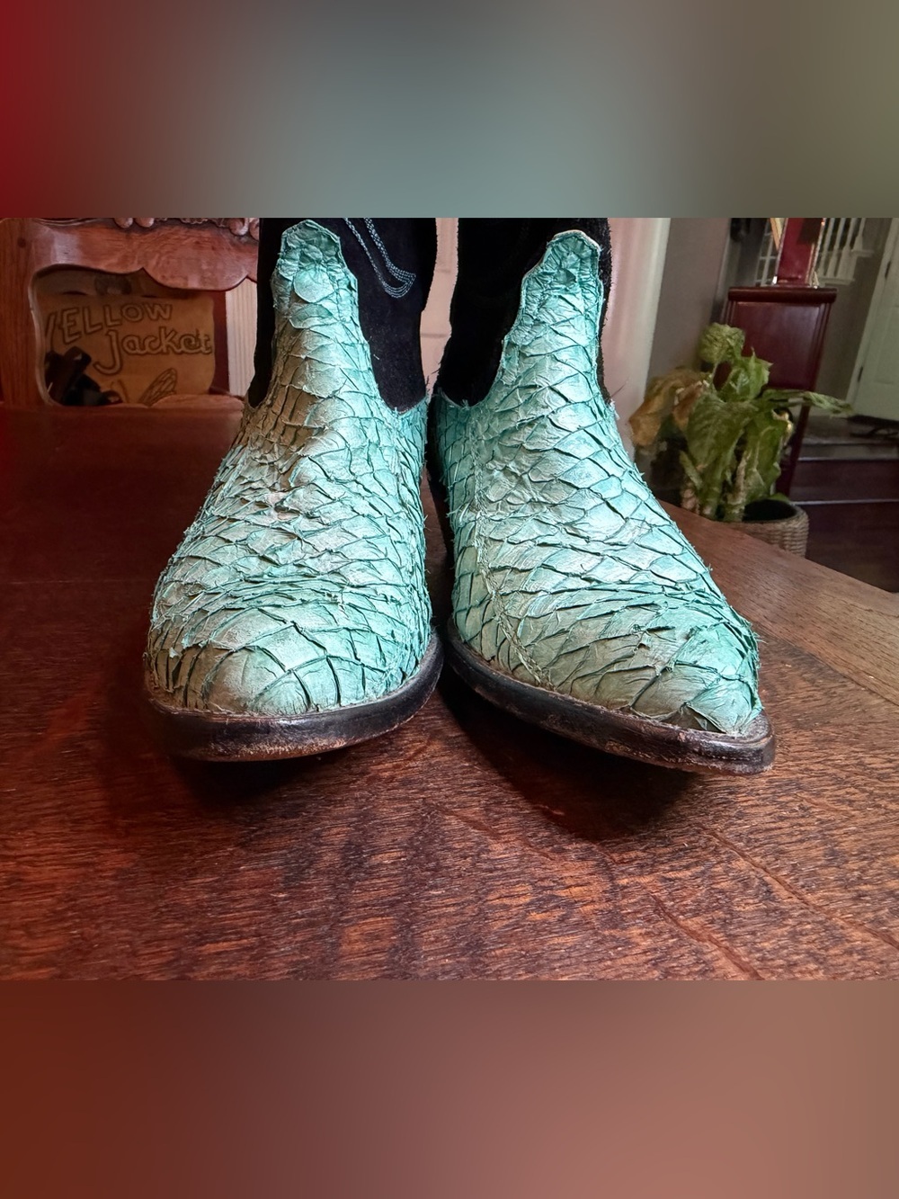 Vintage Tony Lama Sea Bass Exotic Leather Cowboy Boots Teal Black Size 7 - Picture 2 of 11